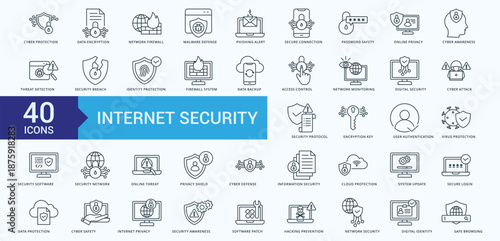 Internet Security Icon Pack Illustration Vector with cyber protection, data encryption, network firewall, malware defense, phishing alert, secure connection, password safety, online privacy