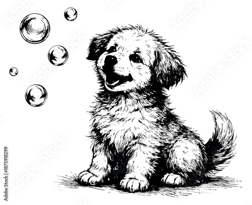 Line art illustration of a puppy depicting a playful moment with bubbles for pet care and children's designs
