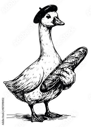 Hand drawn line art illustration of a goose depicting wearing a beret and holding a baguette for French culture and cuisine