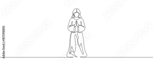 A woman standing in a long dress with hands folded in a prayer gesture, symbolizing faith, spirituality, peace, and hope. Drawing in one line art style with editable black stroke. Vector illustration.