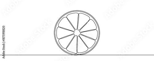 A round slice of lemon or orange with distinct segments, symbolizing freshness, vitamins, and healthy eating. Drawing in one line art style with editable black stroke. Vector illustration.
