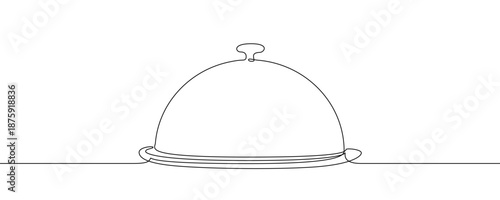 A kitchen plate with a closed lid on a horizontal line, symbolizing restaurant service, cooking, and gastronomy. Drawing in one line art style with editable black stroke. Vector illustration.