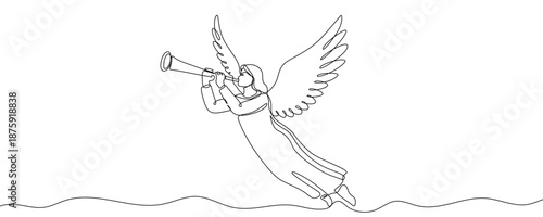 An angel with large wings flying and blowing a long trumpet, symbolizing good news, Christmas, divine proclamation, and spirituality. Drawing in one line art style with editable black stroke. Vector i