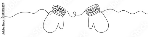 A pair of warm knitted mittens on a wavy line. Drawing in one line art style with editable black stroke. Vector illustration.