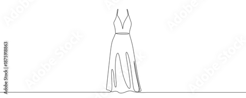 A long evening dress with thin straps. Drawing in one line art style with editable black stroke. Vector illustration.