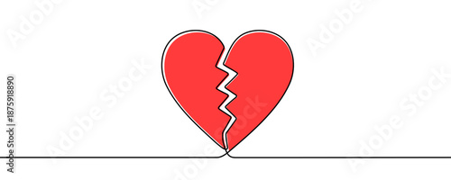 A red heart broken in half with a zigzag crack. Drawing in one line art style with editable black stroke. Vector illustration.