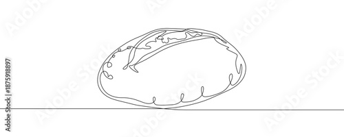 A loaf of fresh bread on a horizontal line. Drawing in one line art style with editable black stroke. Vector illustration.