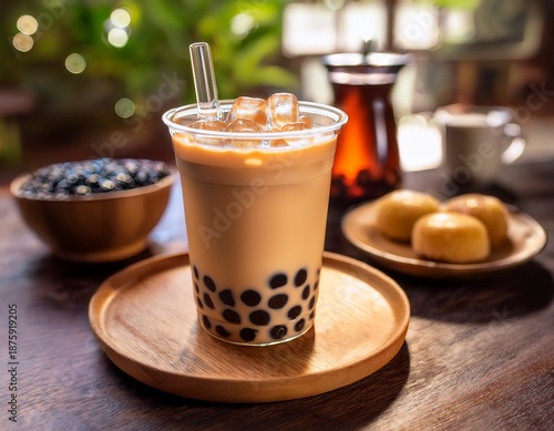 enjoying a delightful cup of boba tea with brown sugar and black tapioca pearls accompanied by sweet desserts creates a cozy atmosphere
