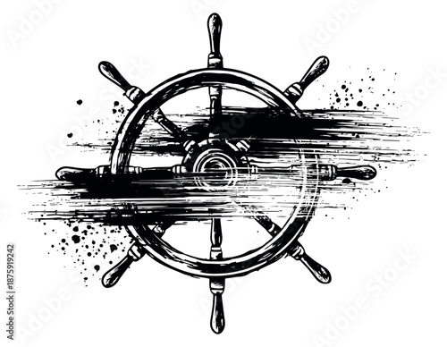Grunge hand drawn illustration of a ship's steering wheel depicting a distressed ink splash design for nautical and maritime themes
