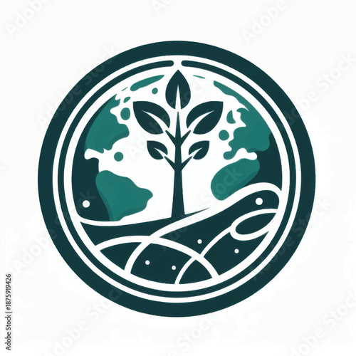 Circular emblem with a tree growing from the earth symbolizing environmental care and growth.