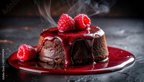 Piece of cake with chocolate and rass on red plate on dark.