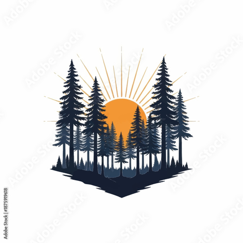 Stylized Forest Scene with Rising Sun Illustration.
