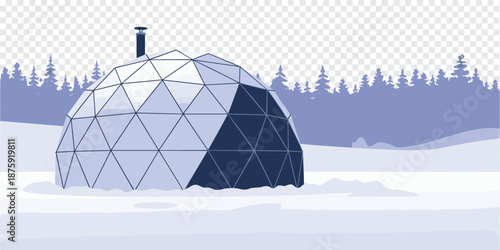 Geodesic Dome in Snowy Winter Landscape with Pine Trees, sustainable architecture concept