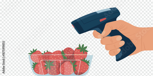 Hand Scanning Fresh Strawberries with Barcode Reader, retail technology concept