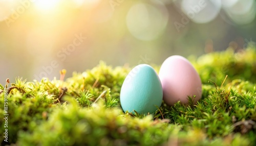 Easter eggs in the moss on sunny day with the sun shining.