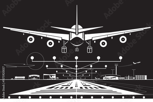 Passenger plane landing on runway at international airport by night – vector illustration