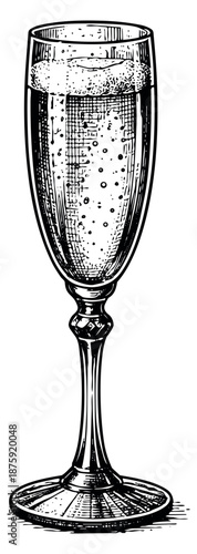 Hand drawn line art illustration of a champagne flute depicting effervescent sparkling wine for celebration and special events