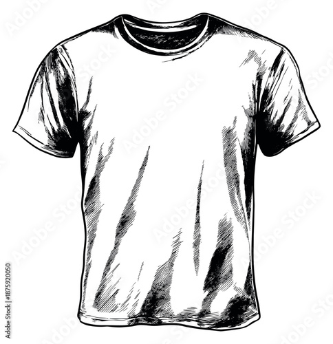 Hand drawn sketch illustration of a t-shirt depicting a blank template with natural fabric folds for clothing design and branding