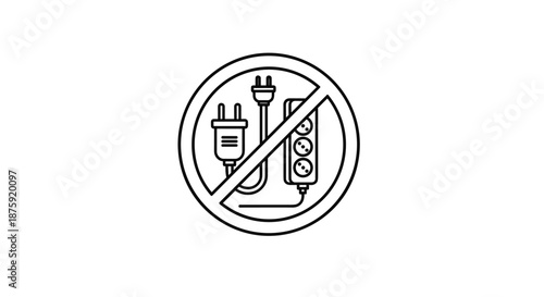 Danger sign prohibiting the use of overloaded power strips and multiple electrical plugs to prevent fire hazards and electrical failures.