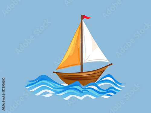 Cartoon sailboat with orange and white sails glides across blue ocean waves