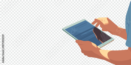 Hands Using a Tablet Device with Touch Screen, digital technology concept