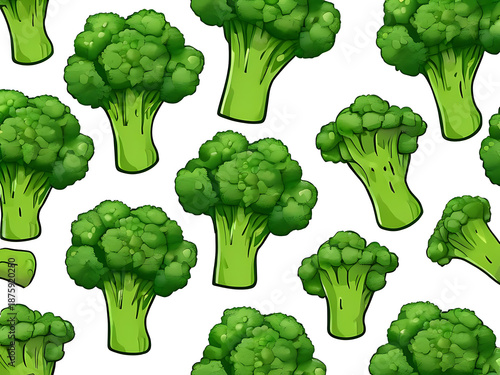 Seamless pattern of vibrant green broccoli florets on a clean white background
