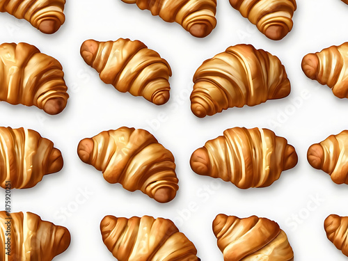 Golden brown croissants arranged in a repeating pattern on a clean white background