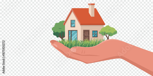 Hand Holding a Small House with Trees and Grass, home protection and sustainability concept