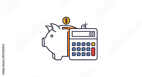 Financial planning and calculation icon showing a piggy bank with a dollar coin and a digital calculator for managing budget and expenses.