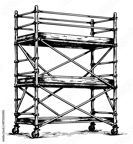 Hand drawn line art illustration of a mobile scaffold depicting a temporary work platform for construction