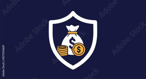 Financial security icon on a dark blue background featuring a shield protecting a money bag and stacks of gold coins for wealth insurance.