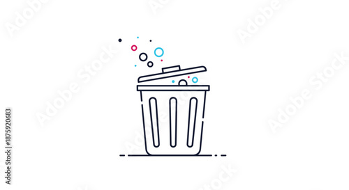 Garbage disposal and cleaning icon showing an open trash can with colorful bubbles floating out representing waste management and hygiene.