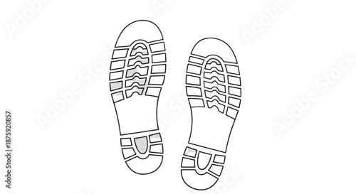 Two footprint outlines showing the tread patterns of shoe soles representing walking, hiking, tracking, or following a path on a white background.