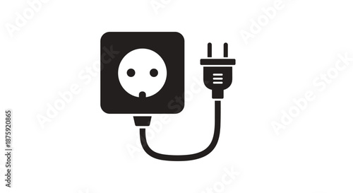Electrical connection icon showing a black plug connected to a wall socket to represent power supply, energy usage, and charging electronics.