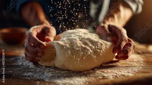 Kneading dough with hands in a cozy kitchen
