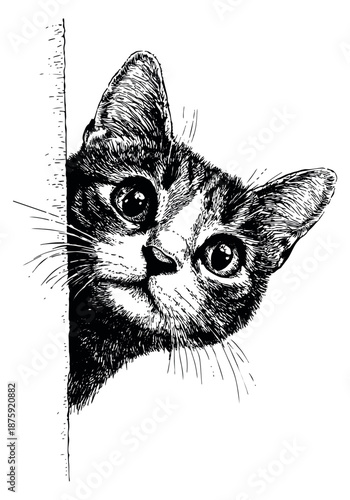 Hand drawn illustration of a curious cat depicting peeking around for pet designs