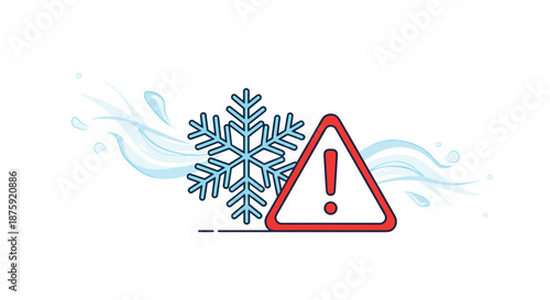 Winter weather warning icon featuring a large snowflake next to a red triangle with an exclamation mark representing hazardous icy conditions.