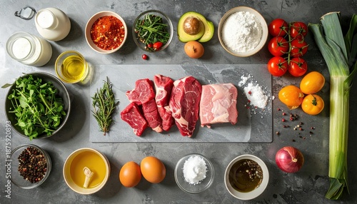 Raw meat ingredients on cutting board top view flat lay on gray.