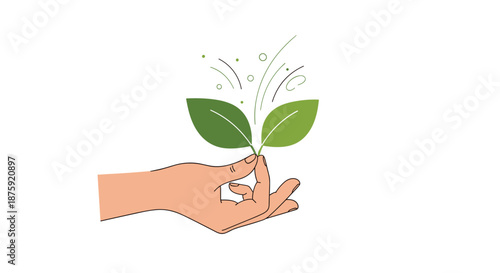 Human hand gently holding a small green sprout with decorative lines above it representing environmental protection, growth, and sustainability.