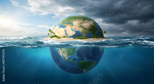earth globe as a tropical island floating in the ocean with split view of underwater and stormy sky concept of climate change rising sea levels and global warming impact