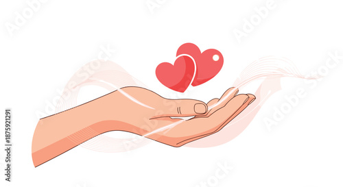 Human hand holding two red hearts with flowing abstract lines symbolizing love care and compassion on a white background.