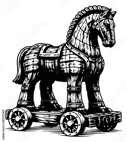Hand drawn line art illustration of a trojan horse depicting the ancient greek myth for historical or mythological themes