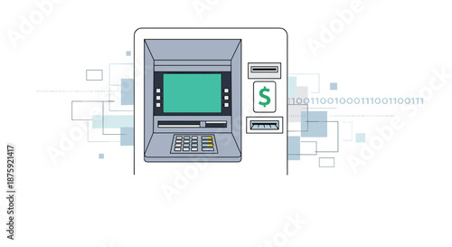 Automated teller machine illustration with dollar sign keypad and screen representing banking and financial services.