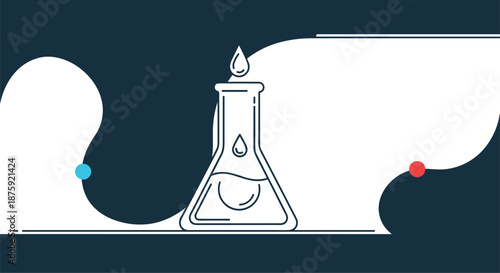 Science laboratory flask icon with liquid and a falling drop against a dark blue background with white abstract curves.