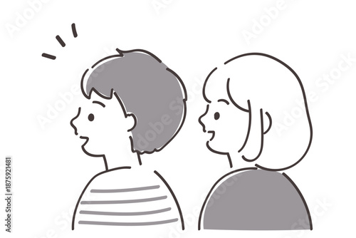 閃いた若い男女の横顔　モノクロのシンプルなイラスト