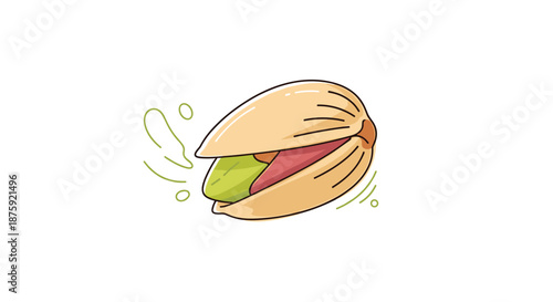 Single open pistachio nut with green kernel and beige shell illustrated in a cartoon style with splash details.