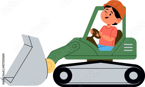 Excavator Driver Operating Cartoon