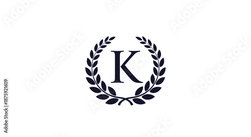 Classical heraldic laurel wreath with the letter k in the center for branding or monogrammed logo on white.