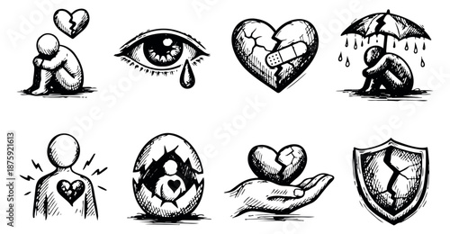 Hand drawn line art emotional icon set featuring broken hearts, crying eyes, and lonely figures for themes of heartbreak and grief