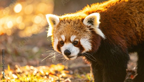 Close up of red panda looking at the blur sun shining on.
